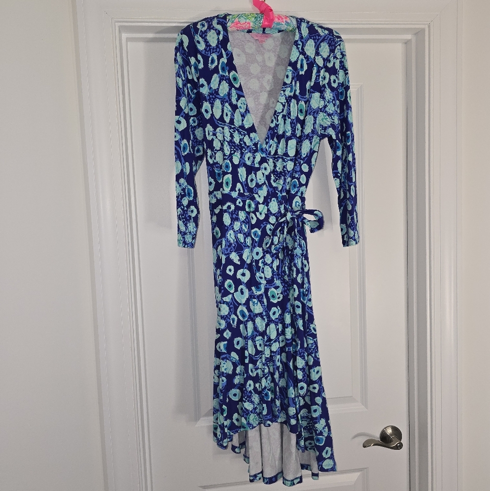 Lilly Pulitzer Navy Blue Teal Floral High-Low Wrap Dress